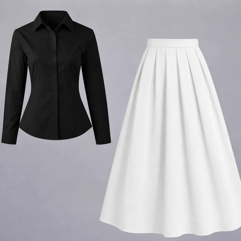 Black Button-Down Shirt with White Pleated Maxi Skirt – Elegant Two-Piece Set