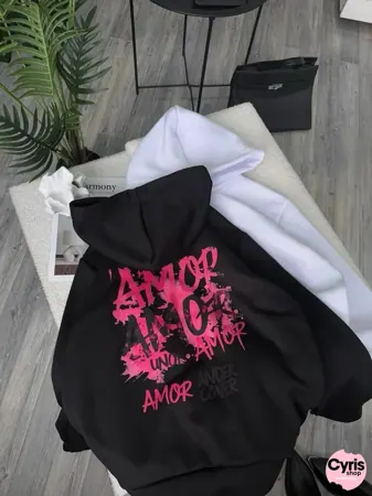 Black Hoodie – ‘Amor Amour’ Artistic Graffiti Print — view 1
