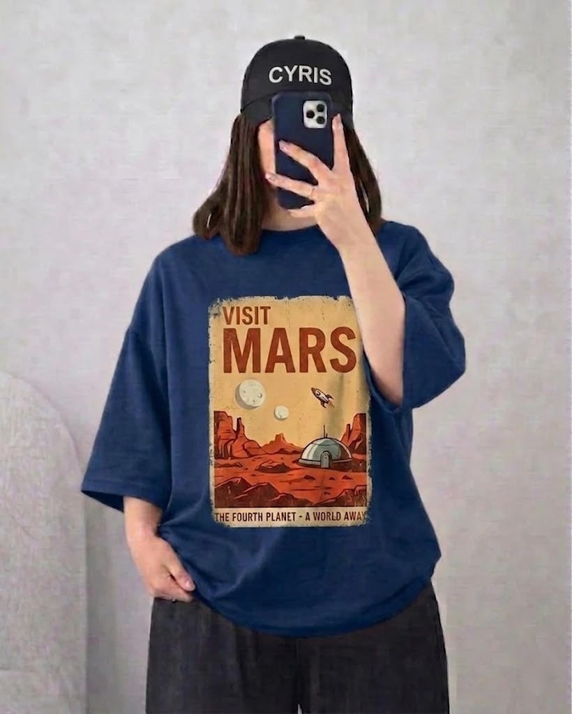 Blue “Visit Mars” Drop Shoulder T-Shirt – Retro Oversized Streetwear Tee