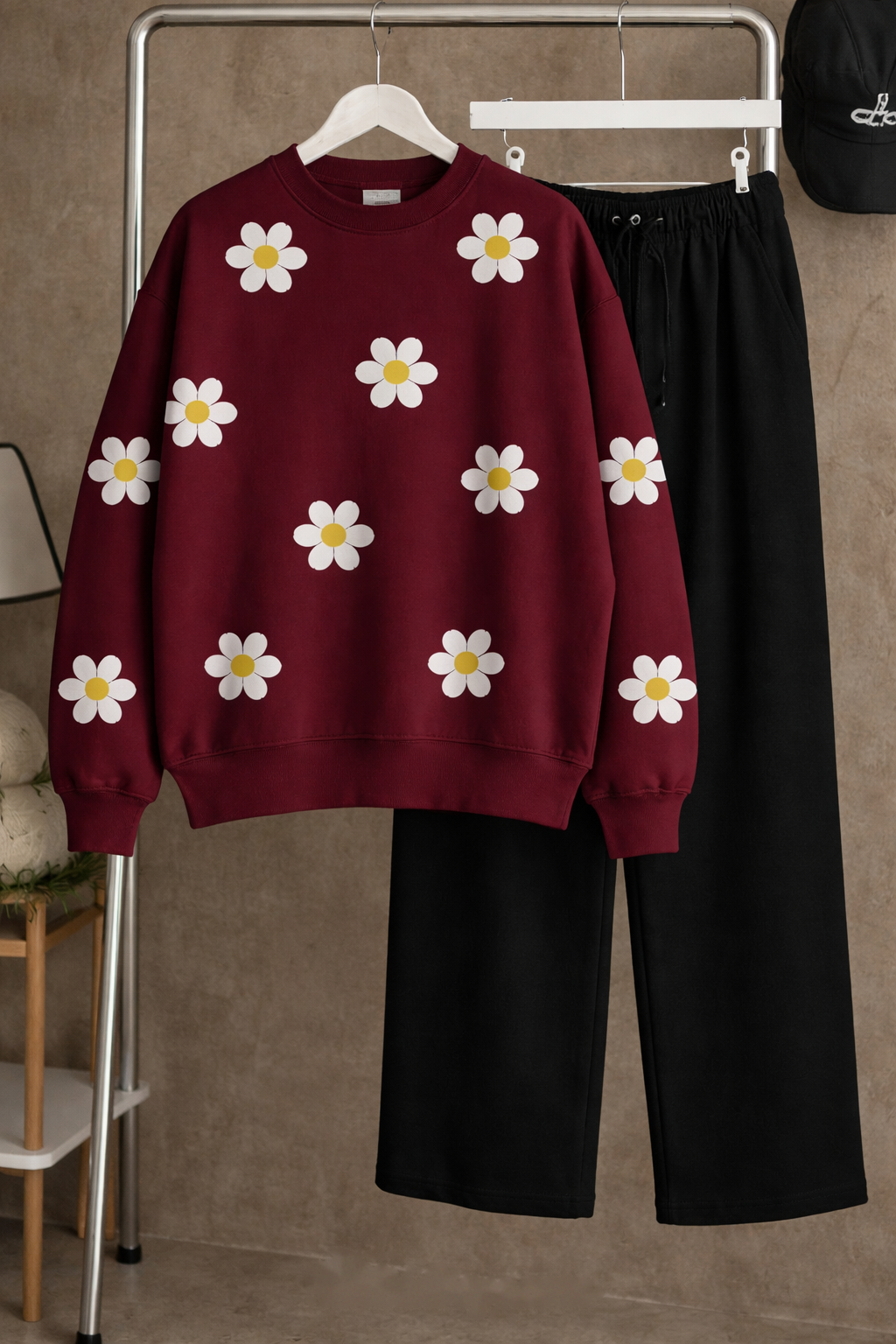 Burgundy Daisy Sweatshirt & Trouser Combo