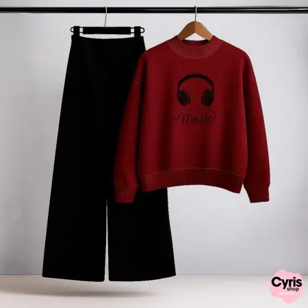 Headphone Music Graphic Red Sweatshirt & Black Trouser Outfit
