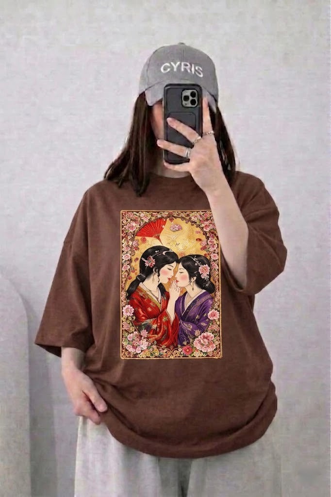 Oversized Drop Shoulder Graphic T-Shirt – Brown Japanese Couple Art Print