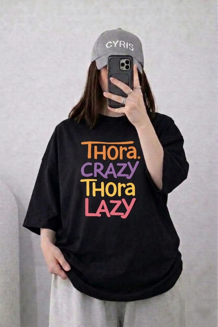 Oversized Drop Shoulder Graphic T-Shirt – Black “Thodi Crazy Thodi Lazy” Print